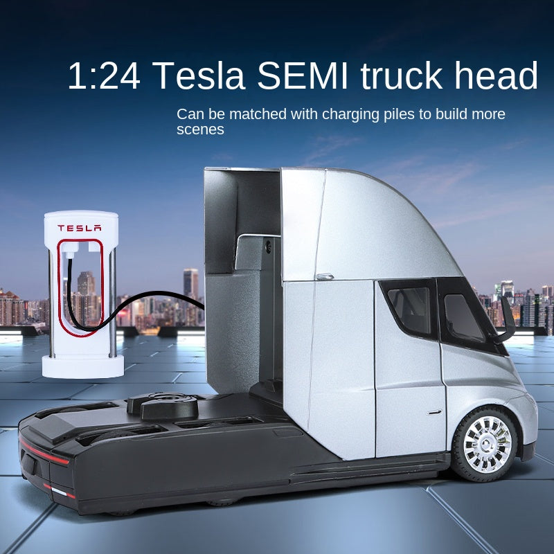 XHD 1:24 Scale Die-Cast Alloy Model Toy Compatible with Tesla Semi Truck - with Mini Charging Station, Opening Doors, Sound & Light, Pull-Back Function, Shock Absorption & Steering - Electric Truck Collection