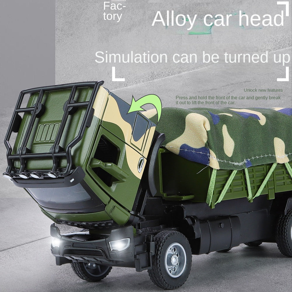XHD 1:35 Scale Military Transport Truck Die-Cast Alloy Model Toy - Removable Camouflage Tarpaulin, Opening Doors, Sound & Light, Pull-Back Function - Army Vehicle Collection