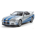 Jinglifang 1:24 Scale Die-Cast Alloy Model Toy Compatible with Nissan Skyline GT-R R34 - Opening Doors, Sound & Light, Pull-Back Function, Shock Absorption & Steering - JDM Sports Car Collection
