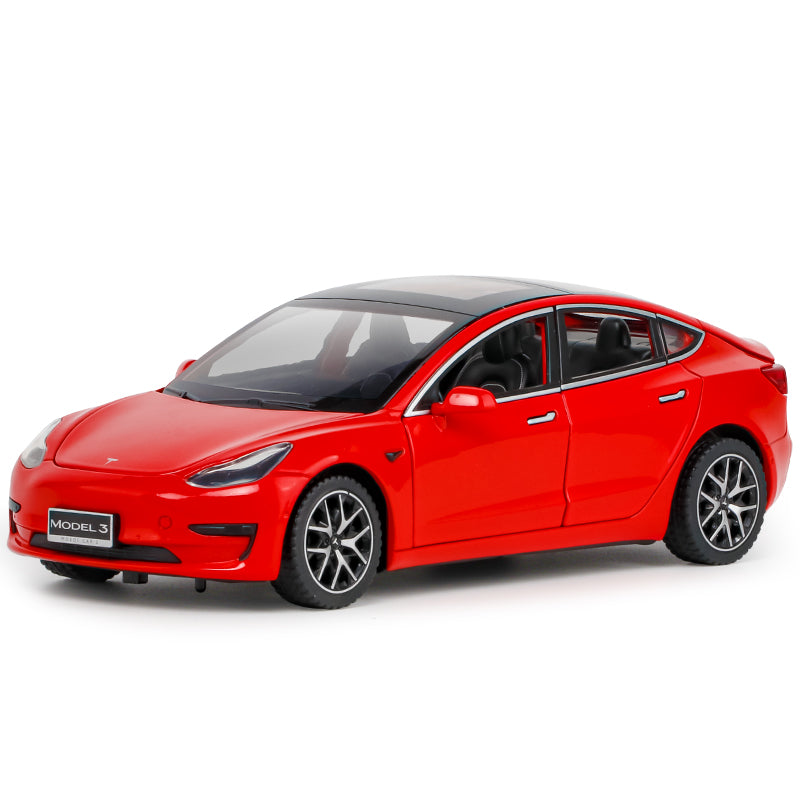 OK 1:24 Scale Die-Cast Alloy Model Toy Compatible with Tesla Model 3 - Opening Doors, Sound & Light, Pull-Back Function, Shock Absorption, Steering & Horn - Electric Sedan Collection