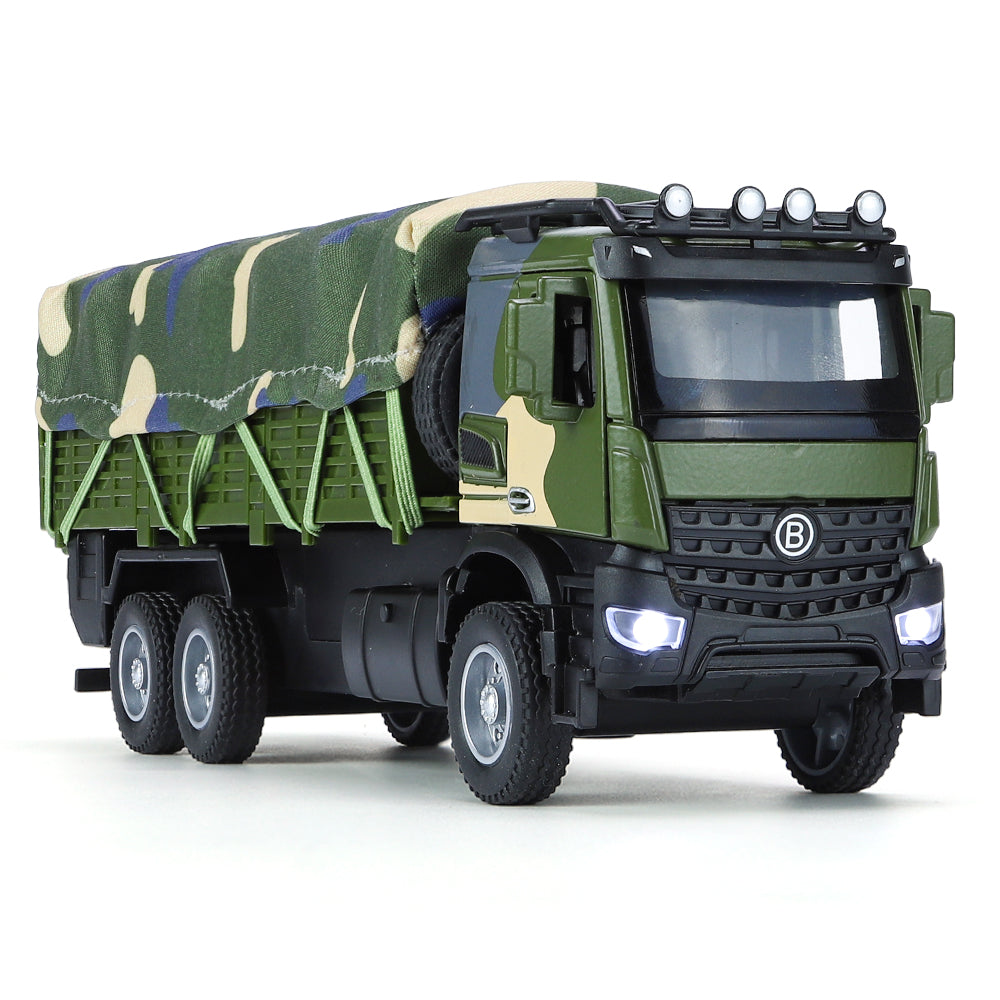 XHD 1:35 Scale Military Transport Truck Die-Cast Alloy Model Toy - Removable Camouflage Tarpaulin, Opening Doors, Sound & Light, Pull-Back Function - Army Vehicle Collection
