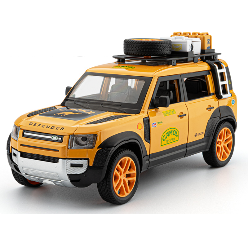 Beleying 1:24 Die-Cast Alloy Model - Compatible with Land Rover Defender - Gulf Oil / Camel Trophy Limited Edition with Roof Rack, Opening Doors, Sound & Light, Pull-Back Action & Shock Absorption