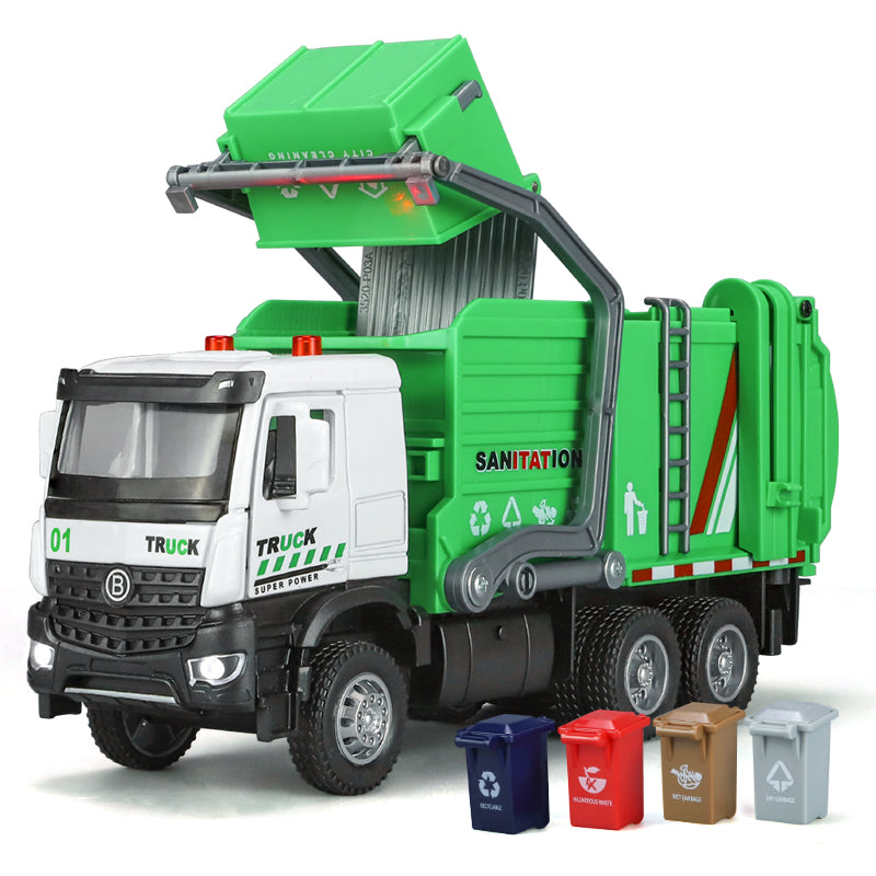 XHD 1:35 Scale City Sanitation Truck Die-Cast Alloy Model Toy with Mini Garbage Bins - Opening Doors, Sound & Light, Pull-Back Function - Municipal Vehicle Collection
