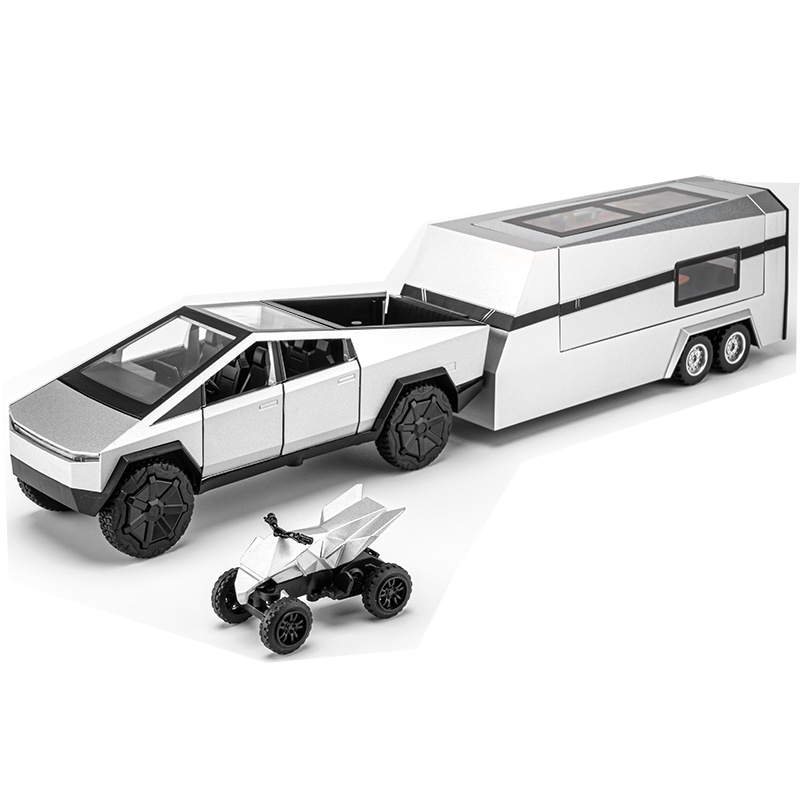 Chezhi 1:24 Scale Die-Cast Alloy Model Toy Set Compatible with Tesla Cybertruck + Camper Trailer + Mini Motorcycle - Opening Doors, Sound & Light, Pull-Back Function - Electric Adventure Collection