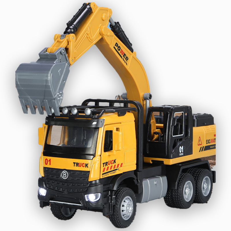 XHD 1:35 Scale Engineering Excavator Die-Cast Alloy Model Toy with Interchangeable Attachments - Excavator Bucket / Pile Driver / Log Grapple, Opening Doors, Sound & Light, Pull-Back Function - Construction Vehicle Collection