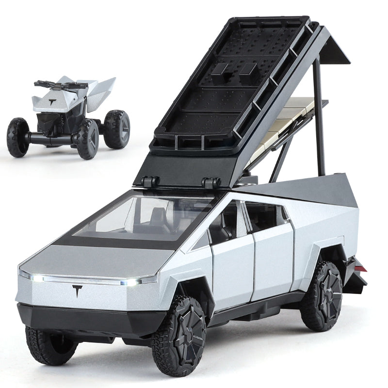 XHD 1:32 Die-Cast Alloy Model - Compatible with Tesla Cybertruck Camper - Off-Grid Camping Set with Mini Motorcycle, Opening Doors, Sound & Light, Pull-Back Action & Shock Absorption