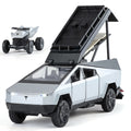 XHD 1:32 Die-Cast Alloy Model - Compatible with Tesla Cybertruck Camper - Off-Grid Camping Set with Mini Motorcycle, Opening Doors, Sound & Light, Pull-Back Action & Shock Absorption