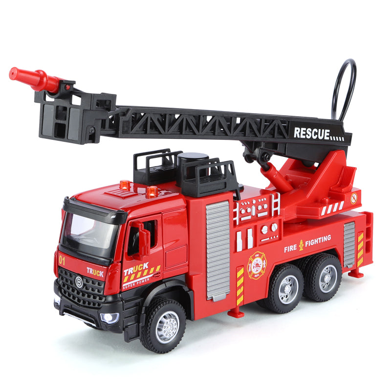 XHD 1:35 Scale Aerial Ladder Fire Truck Die-Cast Alloy Model Toy - Press-to-Spray Water, Extendable & Elevating Ladder, Opening Doors, Sound & Light, Pull-Back Function - Emergency Rescue Collection