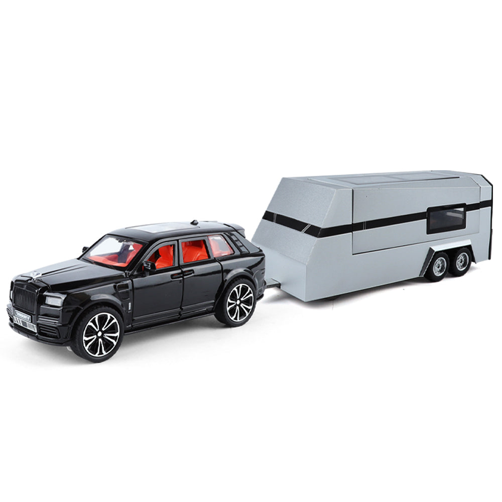 XHD 1:32 Die-Cast Alloy Model - Compatible with Rolls-Royce Cullinan & Travel Trailer - Luxury Caravan Set with Opening Doors, Sound & Light, Pull-Back Action & Shock Absorption