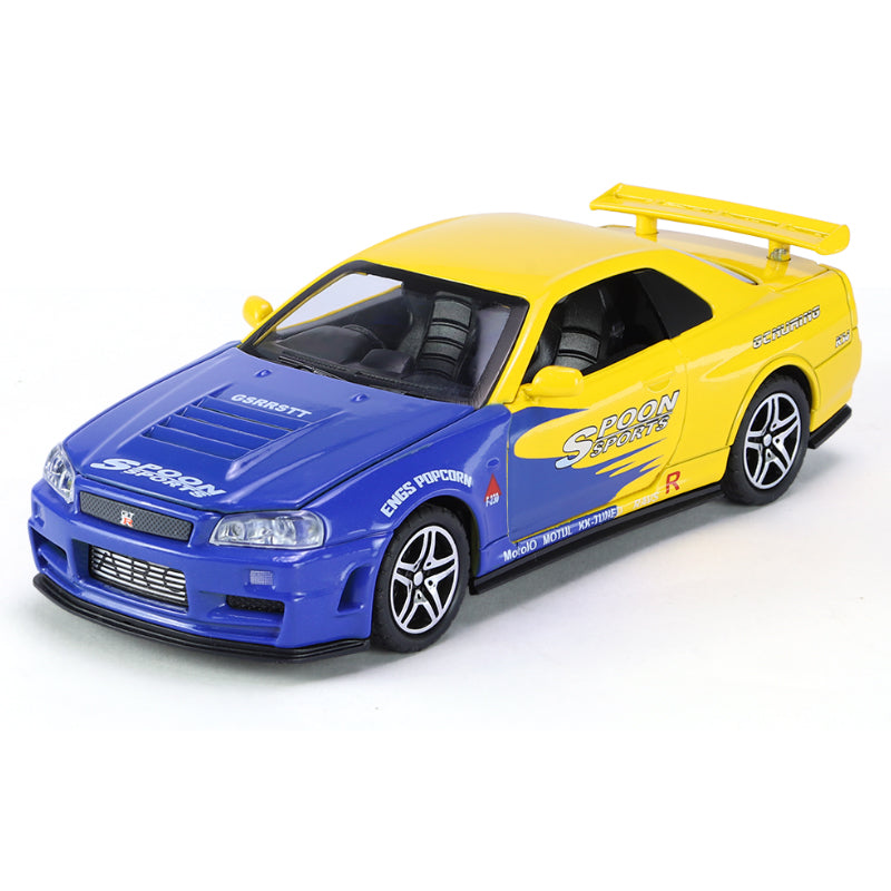Chimei 1:32 Scale Die-Cast Alloy Model Toy Compatible with Nissan Skyline GT-R R34 - Opening Doors, Sound & Light, Pull-Back Function & Shock Absorption - JDM Sports Car Collection