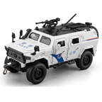 Vehículo blindado policial Dongfeng Mengshi Chezhi a escala 1:32, modelo de aleación fundida a presión. Cabrestante retráctil, puertas que se abren, sonido e iluminación, función de retroceso. Colección de vehículos policiales.