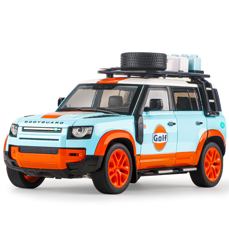 OK 1:18 Scale Die-Cast Alloy Model Toy Compatible with Land Rover Defender - Camel Trophy / Gulf Oil Liveries, with Roof Accessories, Opening Doors, Sound & Light, Shock Absorption, Steering & Horn - Classic Off-Road Collection