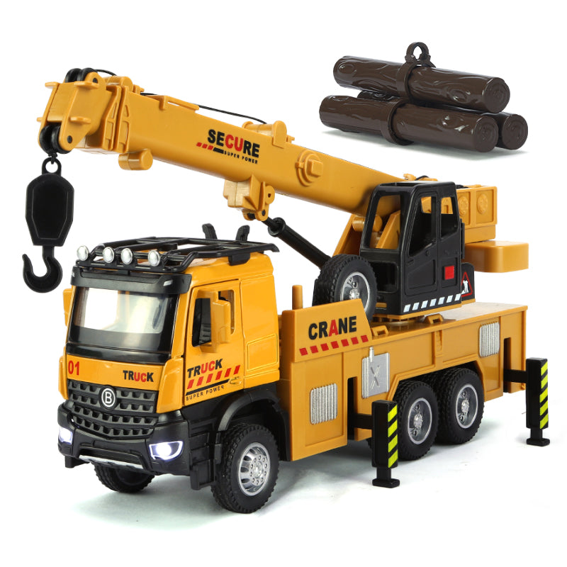 XHD 1:35 Scale Mobile Crane Engineering Vehicle Die-Cast Alloy Model Toy with Simulated Logs - Extendable & Elevating Boom, Opening Doors, Sound & Light, Pull-Back Function - Construction Vehicle Collection