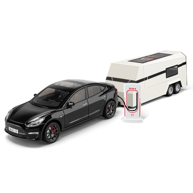 Chezhi 1:24 Die-Cast Alloy Model - Compatible with Tesla Model 3 & Travel Trailer - Electric Vehicle Caravan Set with Opening Doors, Sound & Light, Pull-Back Action, Shock Absorption & Steering