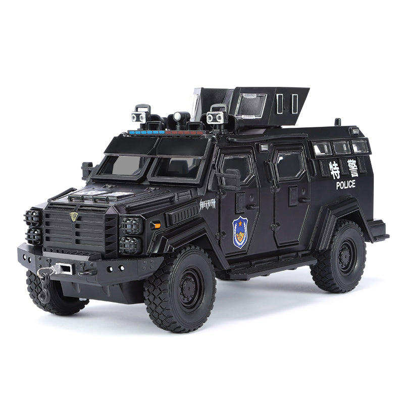 Jinglifang 1:24 Scale Die-Cast Alloy Model Toy Compatible with Leopard Armored Riot Vehicle - Opening Doors, Sound & Light, Pull-Back Function, Shock Absorption & Steering - Law Enforcement Vehicle Collection