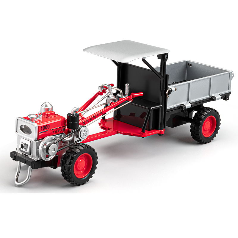 1:24 Die-Cast Alloy Walk-Behind Tractor Model - Walking Tractor with Simulated Starting Crank, Sound & Light, Pull-Back Action, Steering, Liftable Trailer & Lowerable Tailgate