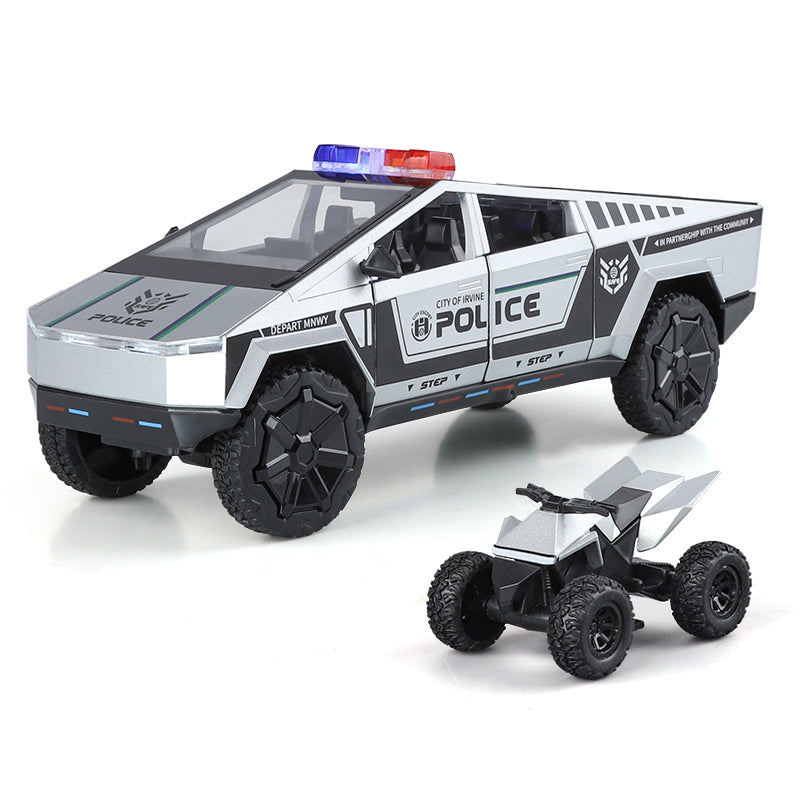 XHD 1:24 Tesla Cybertruck Police Model - Includes Mini Motorcycle, with Sound & Light, Opening Doors, Pull-Back, Shock Absorption & Steering