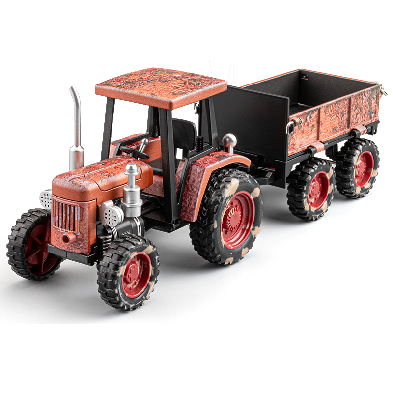 1:24 Die-Cast Alloy Tractor Model - Farm Vehicle with Simulated Starting Crank, Sound & Light, Pull-Back Action, Liftable Trailer & Lowerable Tailgate