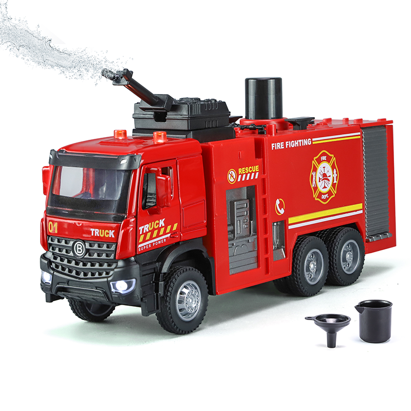 XHD 1:35 Scale Water Tank Fire Truck Die-Cast Alloy Model Toy - Press-to-Spray Water, Rotatable Water Monitor, Opening Doors, Sound & Light, Pull-Back Function - Emergency Vehicle Collection