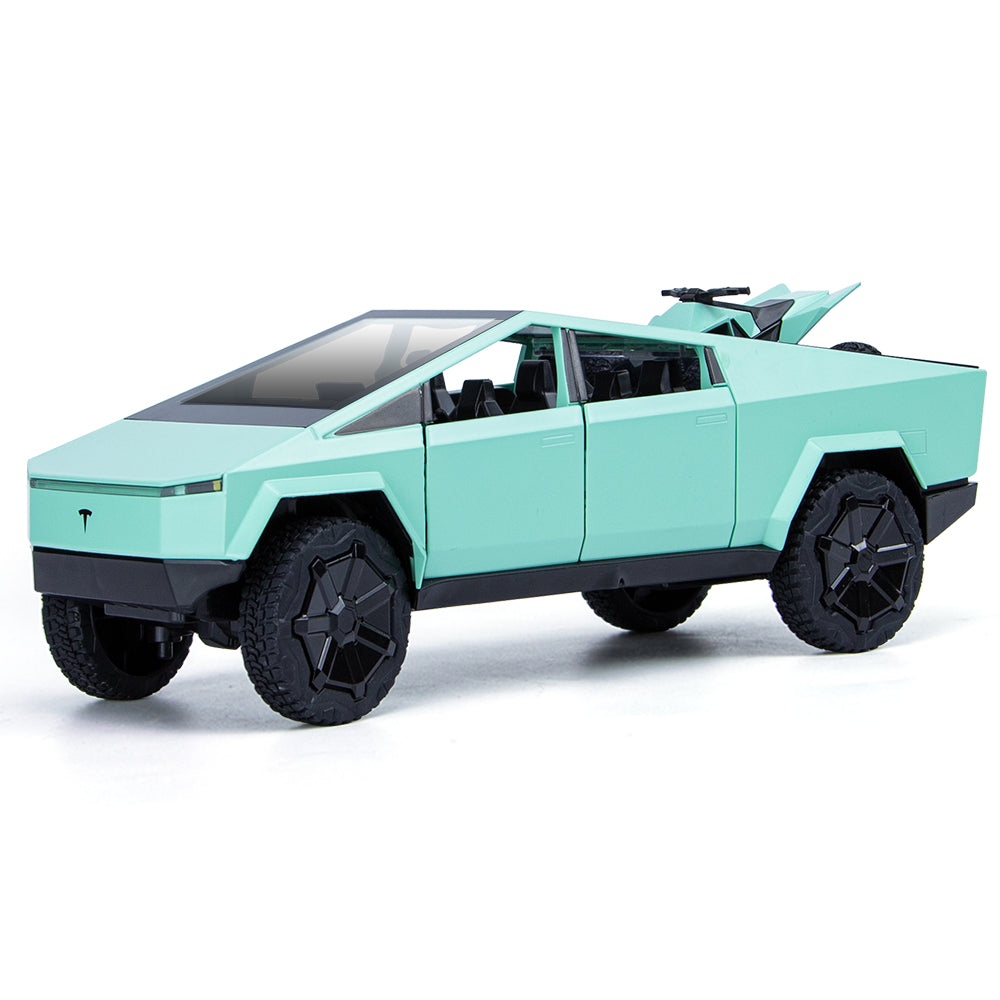 XHD 1:24 Scale Die-Cast Alloy Model Toy Compatible with Tesla Cybertruck - with Mini Motorcycle, Opening Doors, Sound & Light, Pull-Back Function, Shock Absorption & Steering - Electric Truck Collection
