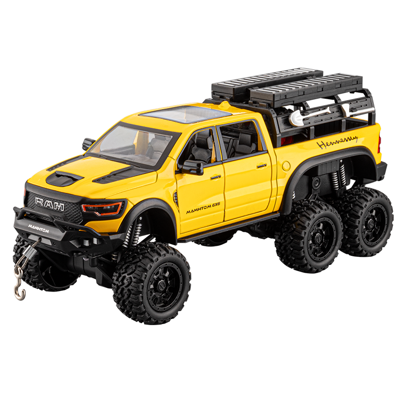 Chezhi 1:24 Die-Cast Alloy Model - Compatible with Dodge Ram Mammoth - Off-Road Pickup Truck with Truck Bed, Roof Rack & Tools, Opening Doors, Sound & Light, Pull-Back, Shock Absorption, Winch & Foldable Mirrors