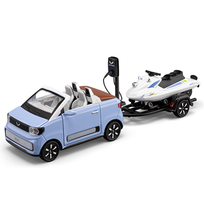 Chezhi 1:24 Die-Cast Alloy Model - Compatible with Wuling MINI EV & Motorboat Trailer Set - Compact Leisure Kit with Opening Doors, Sound & Light & Pull-Back Action