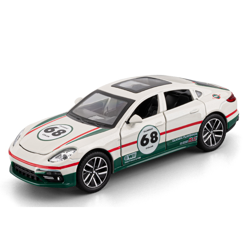 Modelo de juguete Chezhi a escala 1:32 de aleación fundida a presión, compatible con Porsche Panamera Track Edition. Puertas que se abren, sonido e iluminación, función de retroceso y alerón trasero ajustable. Colección de sedán deportivo.