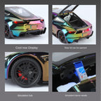 Tesla Roadster a escala 1:24, modelo de aleación fundida a presión, techo desmontable, puertas que se abren, sonido e iluminación, función de retroceso, amortiguación, dirección, bocina y alerón trasero ajustable. Colección de superdeportivos eléctricos.
