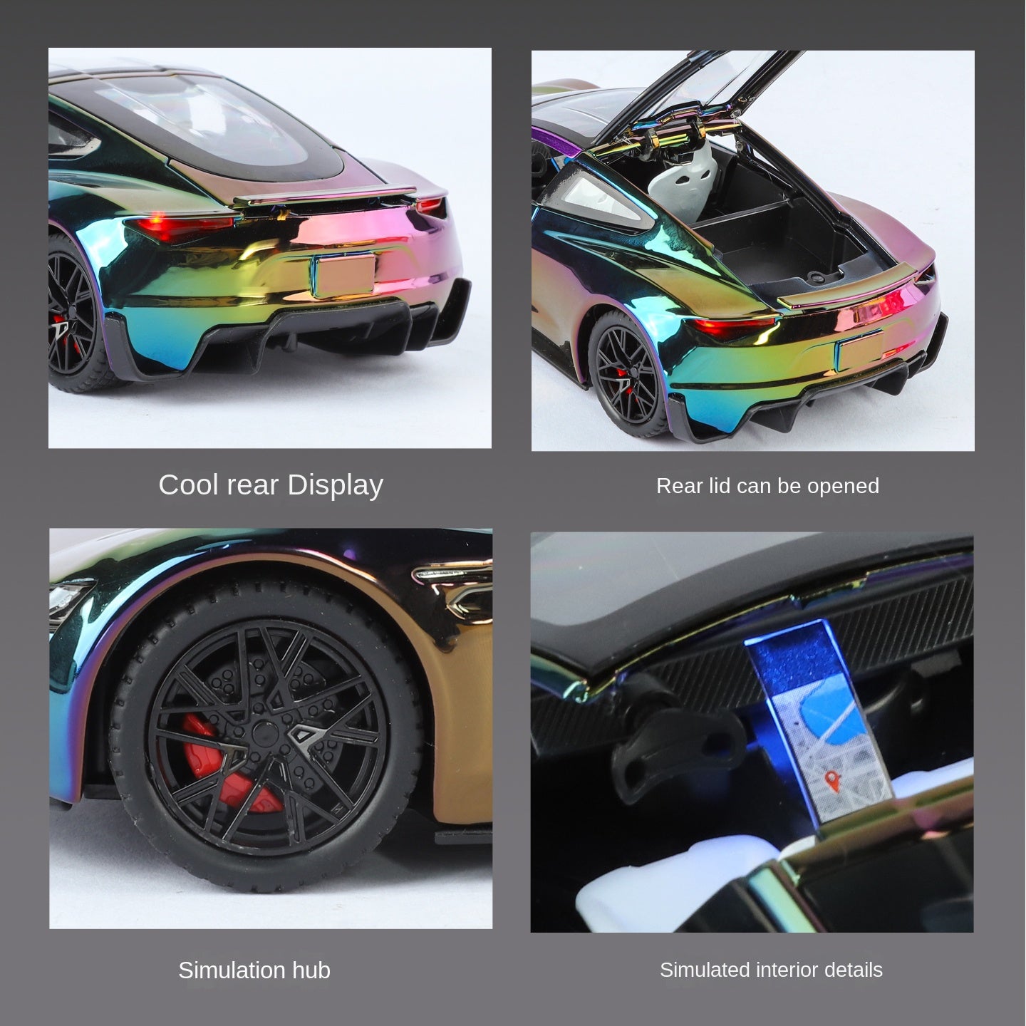 Tesla Roadster a escala 1:24, modelo de aleación fundida a presión, techo desmontable, puertas que se abren, sonido e iluminación, función de retroceso, amortiguación, dirección, bocina y alerón trasero ajustable. Colección de superdeportivos eléctricos.