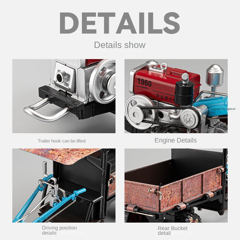 1:24 Die-Cast Alloy Walk-Behind Tractor Model - Walking Tractor with Simulated Starting Crank, Sound & Light, Pull-Back Action, Steering, Liftable Trailer & Lowerable Tailgate
