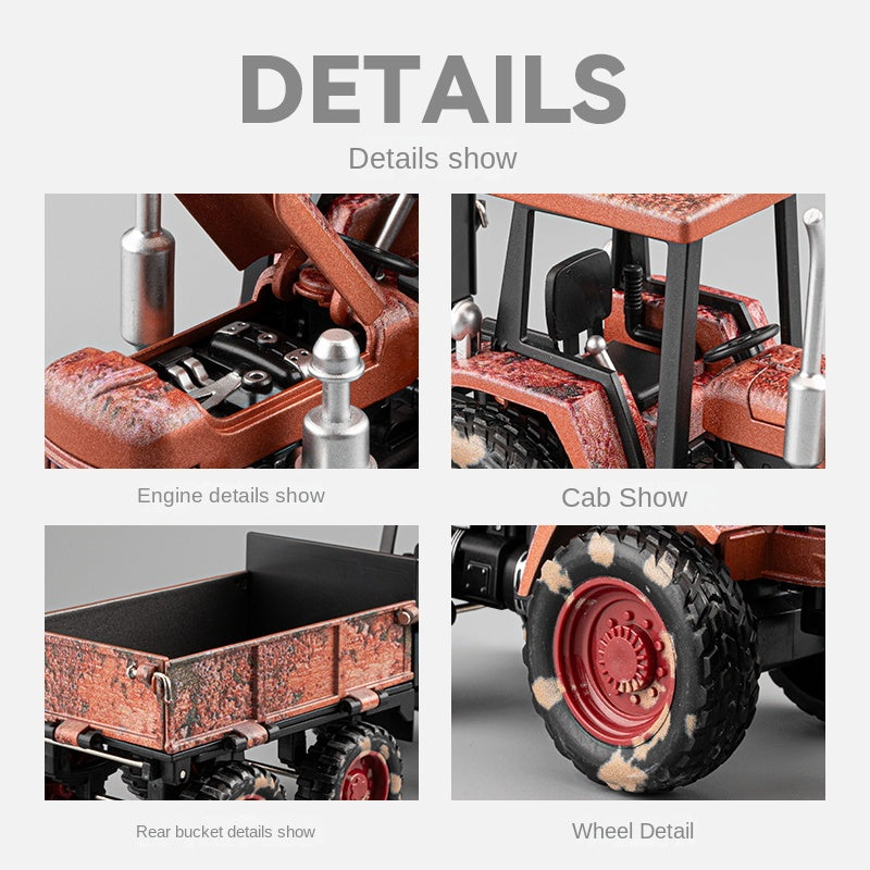 1:24 Die-Cast Alloy Tractor Model - Farm Vehicle with Simulated Starting Crank, Sound & Light, Pull-Back Action, Liftable Trailer & Lowerable Tailgate