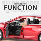 Juguete modelo de aleación fundida a presión a escala 1:24 compatible con Lexus ES300h: puertas que se abren, sonido e iluminación, función de retroceso, amortiguación, dirección, bocina y espejos plegables. Colección de sedanes de lujo.