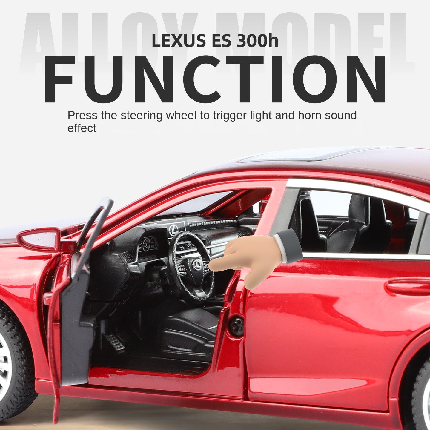 Juguete modelo de aleación fundida a presión a escala 1:24 compatible con Lexus ES300h: puertas que se abren, sonido e iluminación, función de retroceso, amortiguación, dirección, bocina y espejos plegables. Colección de sedanes de lujo.