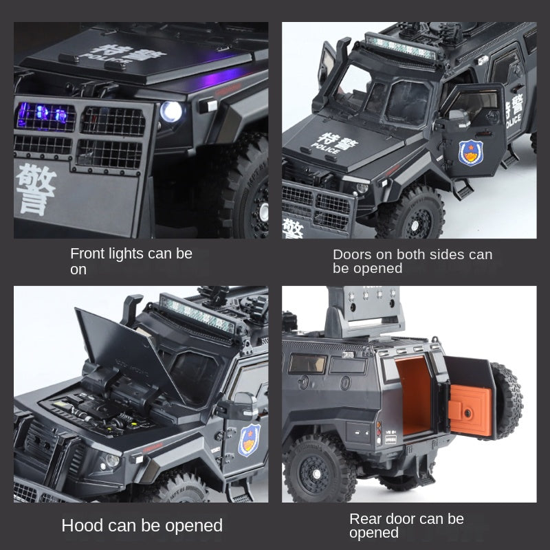 OK 1:24 Die-Cast Alloy Riot Control & Dispersion Vehicle “Spinosaurus” Model - with Deployable Protective Mesh, Opening Doors, Sound & Light, Pull-Back Action, Shock Absorption & Interactive Steering Wheel