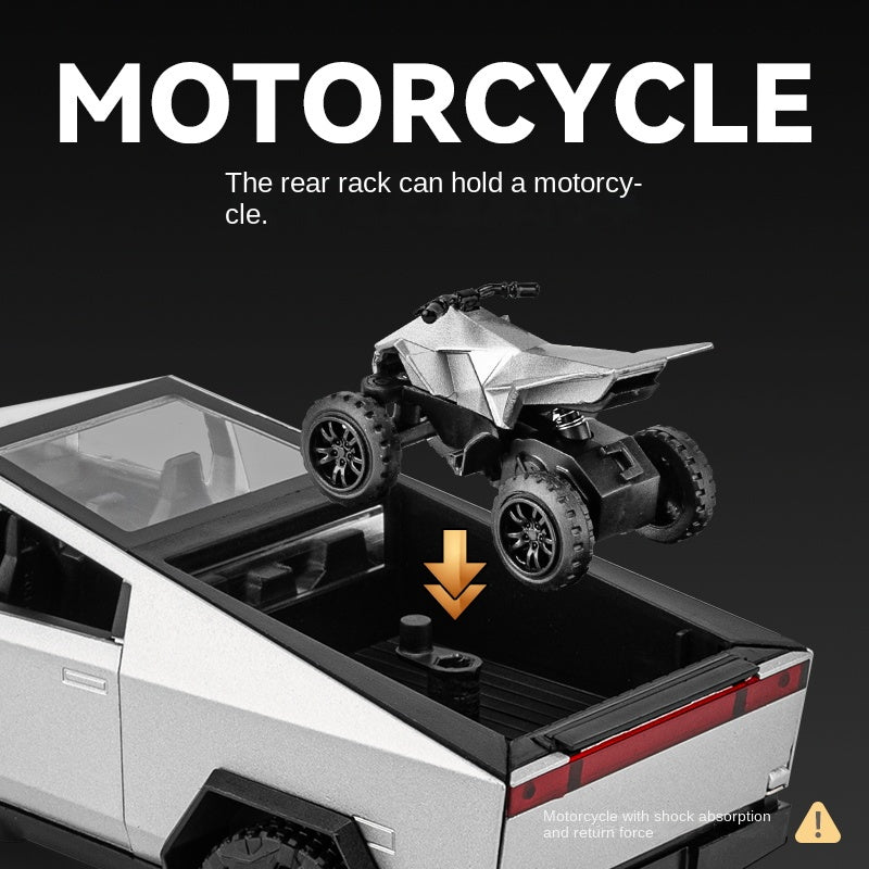 Chezhi 1:24 Scale Die-Cast Alloy Model Toy Set Compatible with Tesla Cybertruck + Camper Trailer + Mini Motorcycle - Opening Doors, Sound & Light, Pull-Back Function - Electric Adventure Collection