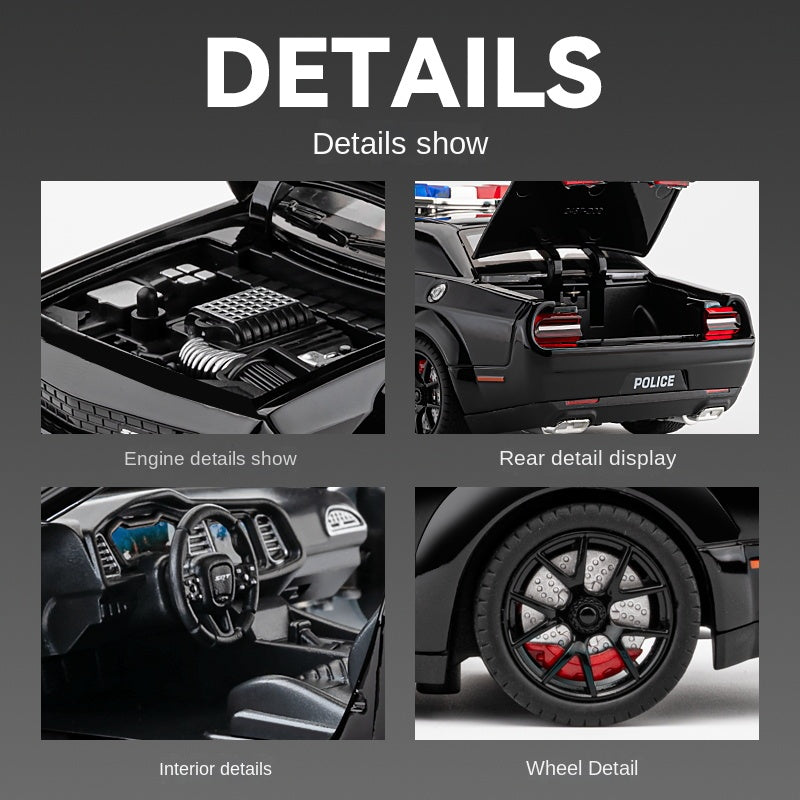 Chezhi 1:24 Die-Cast Alloy Model - Compatible with Dodge Challenger SRT Hellcat - Police Pursuit Vehicle with Opening Doors, Sound & Light, Pull-Back Action, Shock Absorption, Steering, Police Lights & Siren