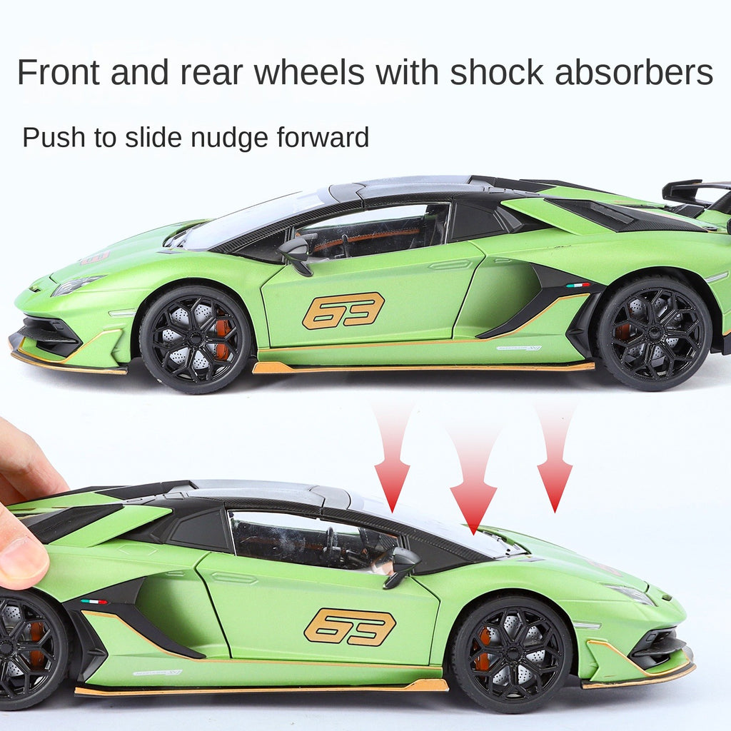 Lamborghini Aventador SVJ63 Black Mamba a escala 1:18, modelo de aleación fundida a presión con licencia: techo desmontable, puertas que se abren, sonido e iluminación, amortiguación, dirección y bocina. Colección de superdeportivos de edición limitada.
