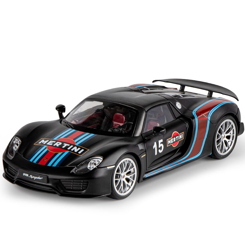 OK 1:18 Scale Die-Cast Alloy Model Toy Compatible with Porsche 918 Martini Racing Edition - Removable Roof, Opening Doors, Sound & Light, Shock Absorption, Steering, Horn & Adjustable Rear Wing - Hybrid Hypercar Collection