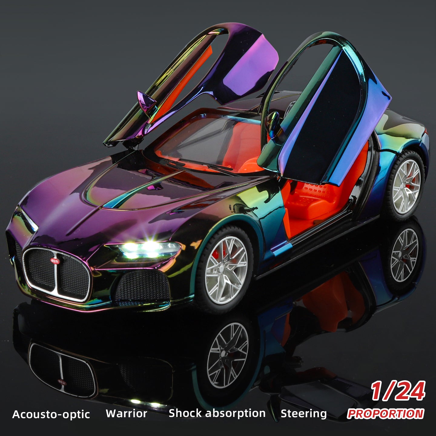 XHD 1:24 Scale Chrome Edition Die-Cast Alloy Model Toy Compatible with Bugatti Atlantic - Opening Doors, Sound & Light, Pull-Back Function, Shock Absorption, Steering, Horn with Mini Luggage Set - Classic Car Collection