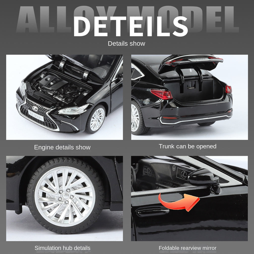 Juguete modelo de aleación fundida a presión a escala 1:24 compatible con Lexus ES300h: puertas que se abren, sonido e iluminación, función de retroceso, amortiguación, dirección, bocina y espejos plegables. Colección de sedanes de lujo.