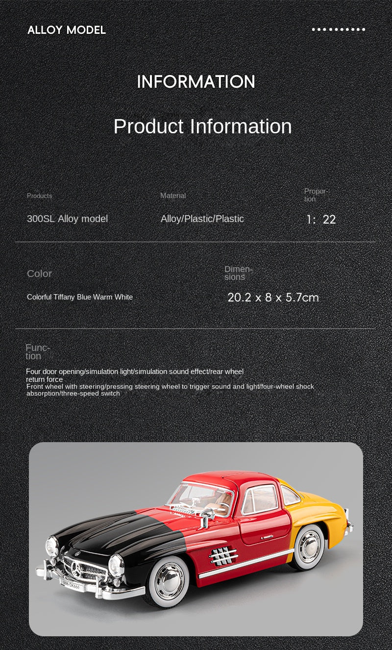 Jiaye 1:22 Die-Cast Alloy Model - Compatible with Mercedes-Benz 300SL Gullwing - Classic Automotive Icon with Opening Doors, Sound & Light, Pull-Back Action & Shock Absorption