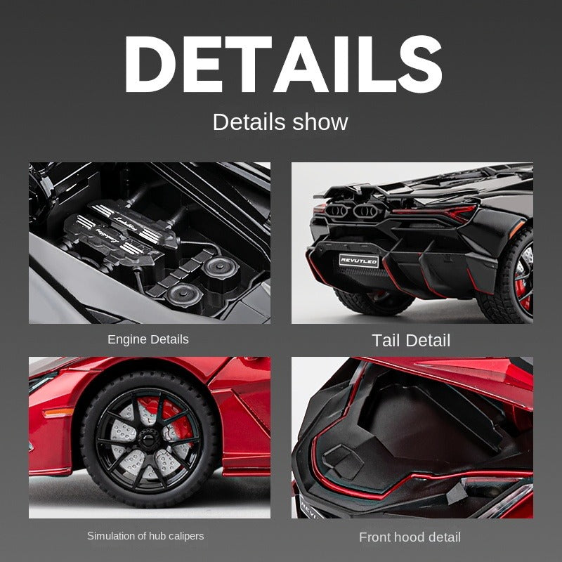 Chezhi 1:24 Die-Cast Alloy Model - Compatible with Lamborghini Revuelto - Flagship Hybrid Hypercar with Opening Doors, Sound & Light, Pull-Back Action, Shock Absorption, Steering, Horn & Adjustable Rear Wing