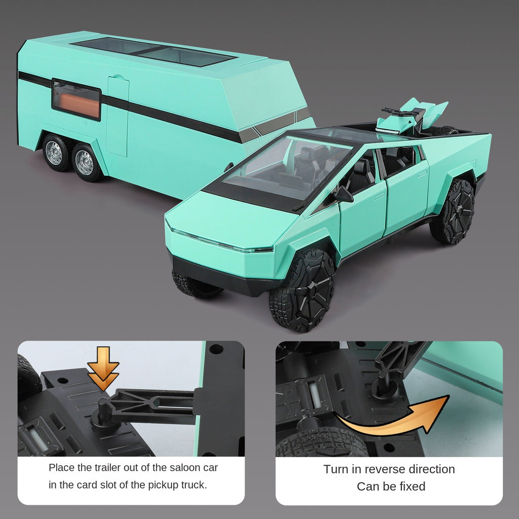 Modelo de juguete de aleación Tesla Cybertruck Camper a escala 1:24 XHD con minimoto, estación de carga y accesorios - Colección de vehículos eléctricos de aventura