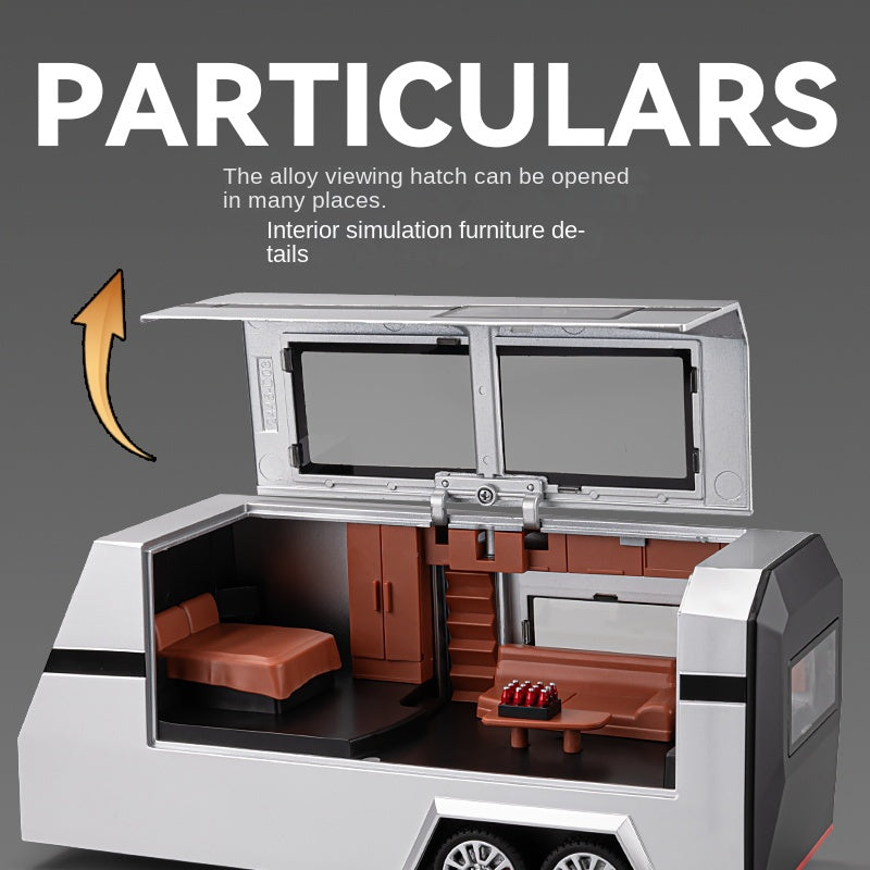 Chezhi 1:24 Scale Die-Cast Alloy Model Toy Set Compatible with Tesla Cybertruck + Camper Trailer + Mini Motorcycle - Opening Doors, Sound & Light, Pull-Back Function - Electric Adventure Collection