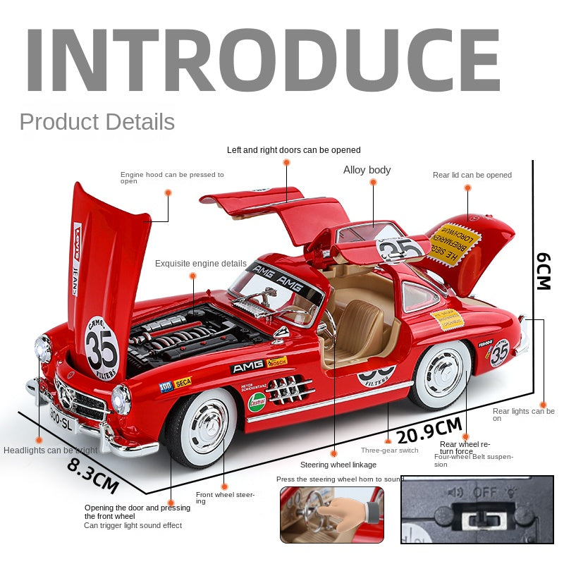 Jinglifang 1:24 Scale Die-Cast Alloy Model Toy Compatible with Mercedes-Benz 300SL Racing Livery - Opening Doors, Sound & Light, Pull-Back Function, Shock Absorption, Steering & Horn - Classic Sports Car Collection