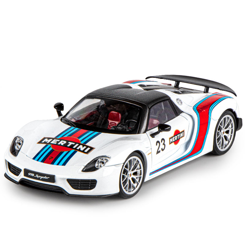 OK 1:18 Scale Die-Cast Alloy Model Toy Compatible with Porsche 918 Martini Racing Edition - Removable Roof, Opening Doors, Sound & Light, Shock Absorption, Steering, Horn & Adjustable Rear Wing - Hybrid Hypercar Collection