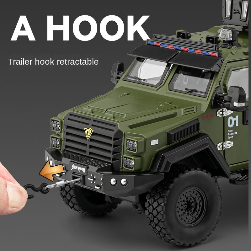 Chezhi 1:24 Licensed “Sabertooth” Armored Riot Control Vehicle Die-Cast Alloy Model - Official Police Tactical Vehicle with Extendable Winch, Foldable Running Board, Opening Doors, Sound & Light, Pull-Back Action, Shock Absorption & Steering