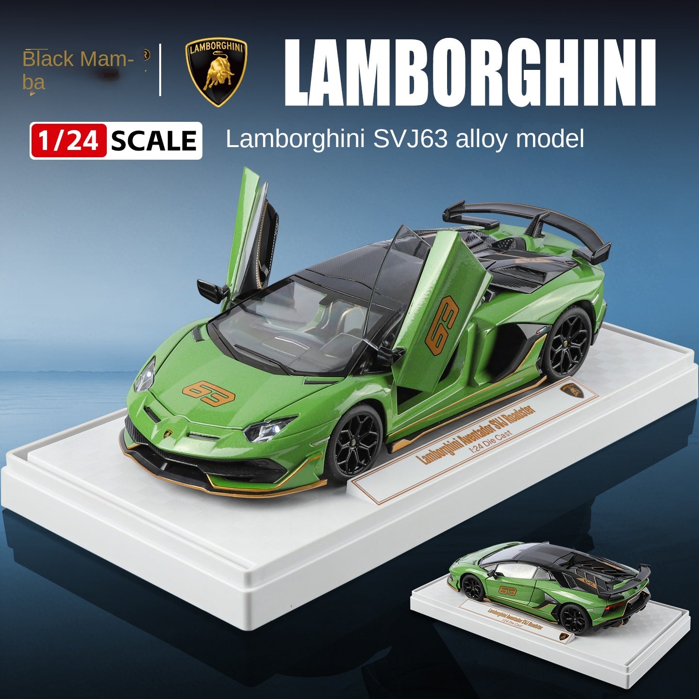 Black Mamba 1:24 Scale Licensed Lamborghini Aventador SVJ63 Die-Cast Alloy Model Toy - Removable Roof, Adjustable Seats, Opening Doors, Sound & Light, Pull-Back Function, Shock Absorption, Steering & Horn - Limited Edition Supercar Collection