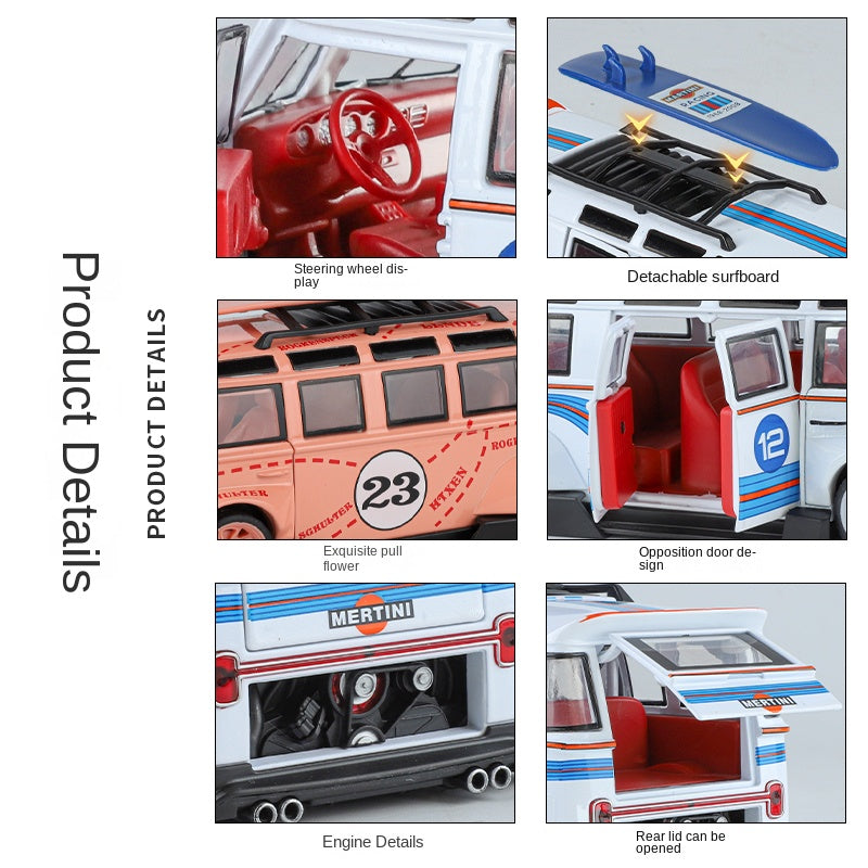 XHD 1:24 Die-Cast Alloy Model - Compatible with Volkswagen T1 Bus - Retro Camper Edition with Removable Roof Rack, Opening Doors, Sound & Light, Pull-Back Action, Shock Absorption & Horn