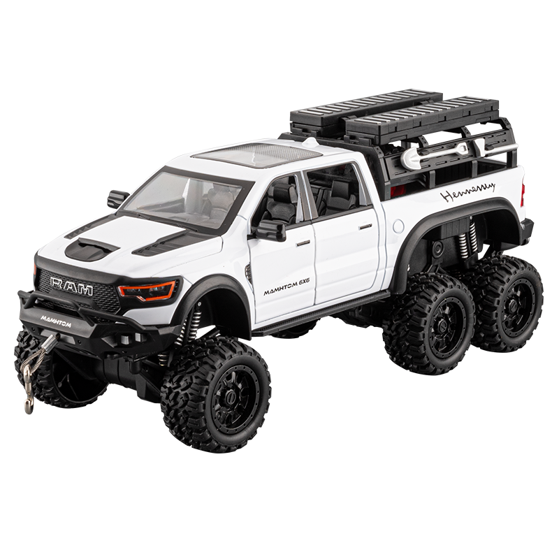 Chezhi 1:24 Die-Cast Alloy Model - Compatible with Dodge Ram Mammoth - Off-Road Pickup Truck with Truck Bed, Roof Rack & Tools, Opening Doors, Sound & Light, Pull-Back, Shock Absorption, Winch & Foldable Mirrors